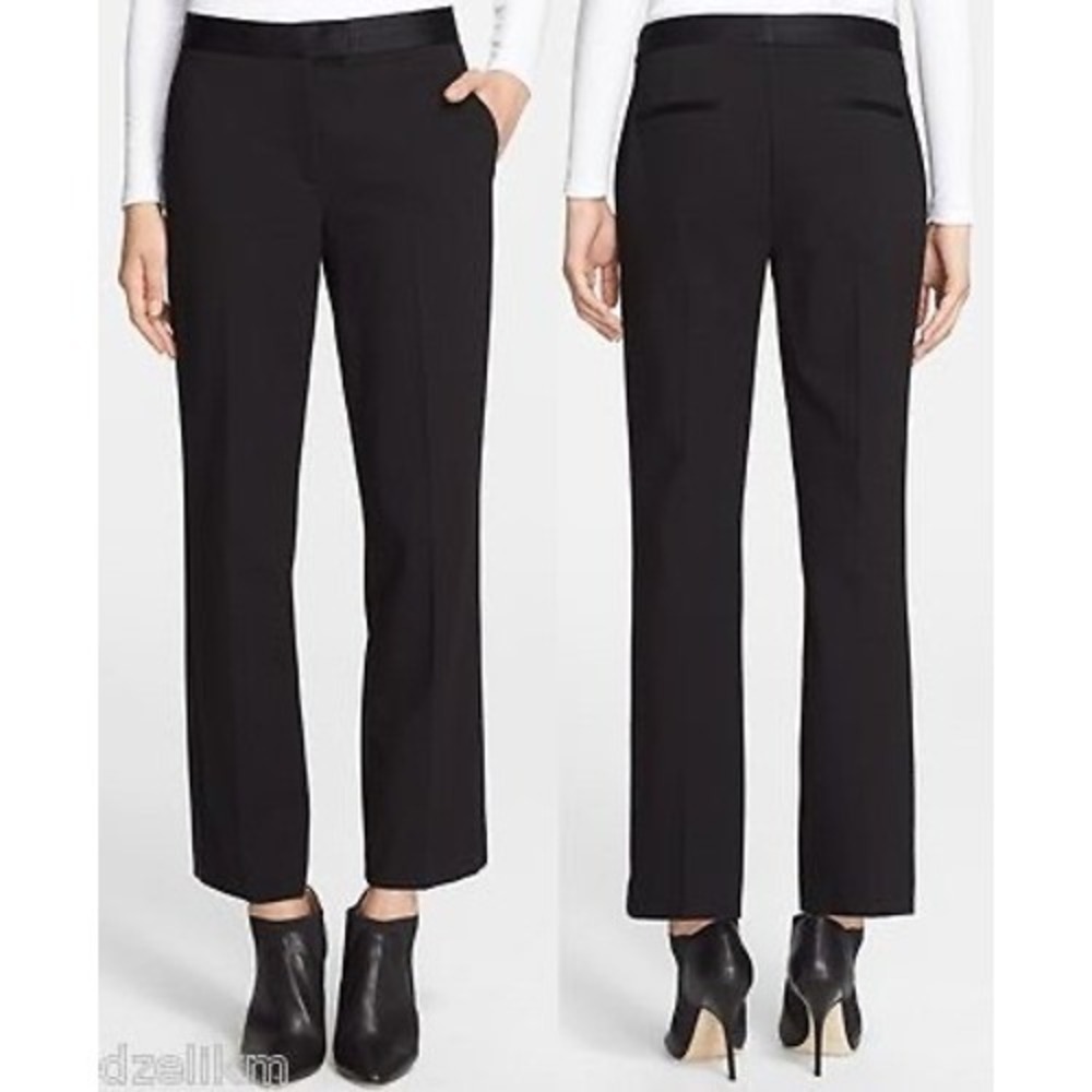 Theory Tux Pant Tux Wool Black Satin Trim Cropped Trousers Size 8